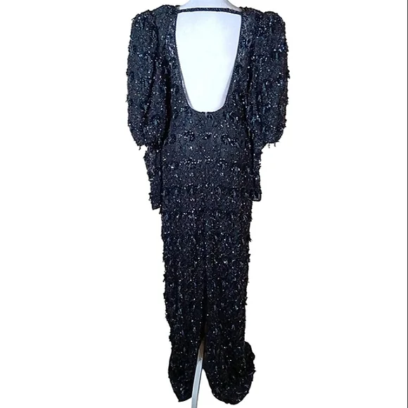 Black Tie By Oleg Cassini Beaded Puff Sleeve Formal Gown - Picture 3 of 12